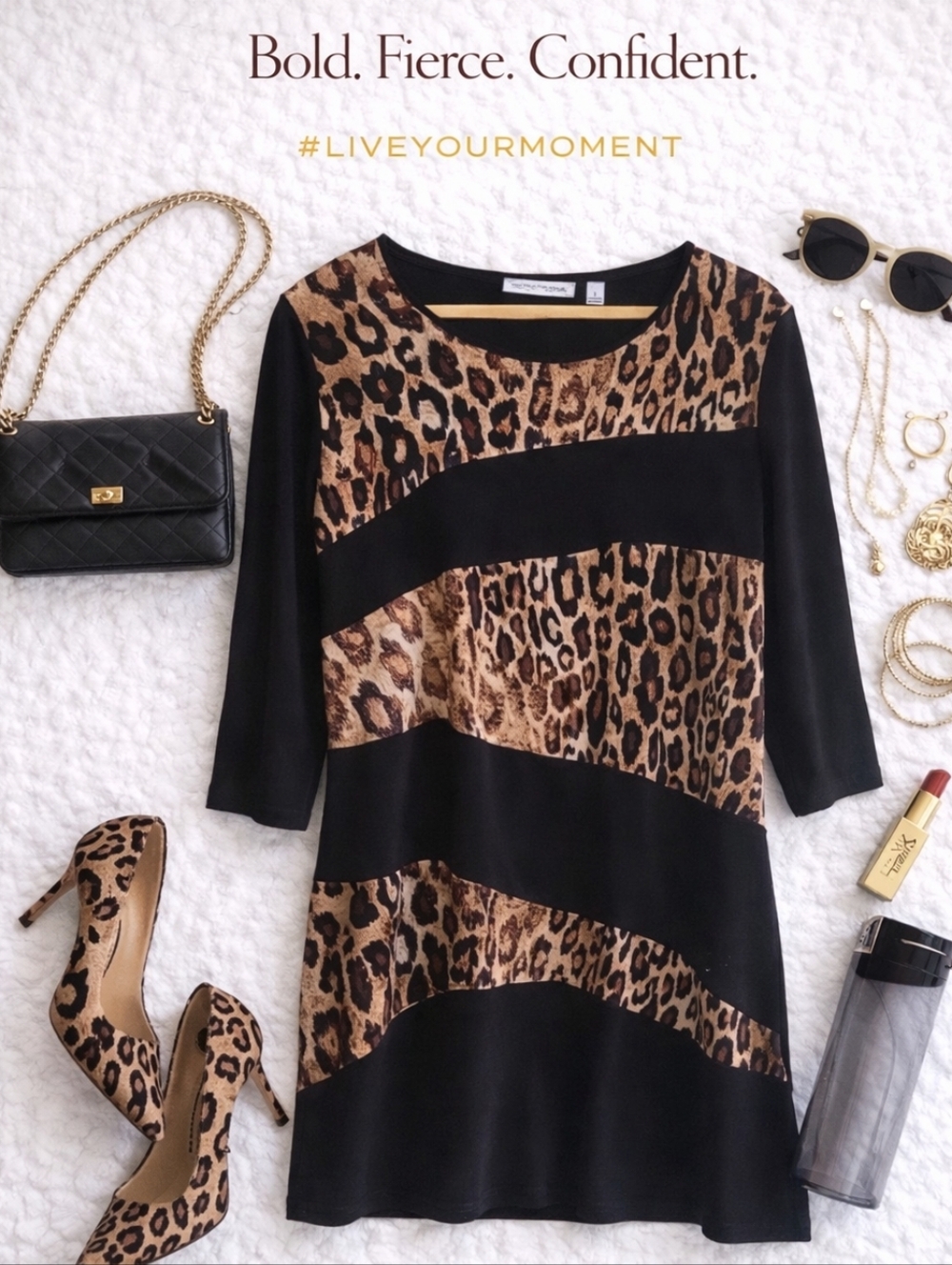 Animal Print 3/4 Sleeve Top - Black & Brown